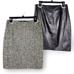 Vintage Laundry By Shelli Segal Leather Wool Pencil Skirt Black Herringbone 6